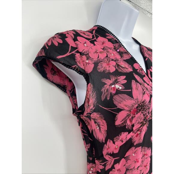 Y2K Sheer Midi Babydoll Dress Floral Sequin Asymmetric Hem Boho Festival Lace - Picture 4 of 10